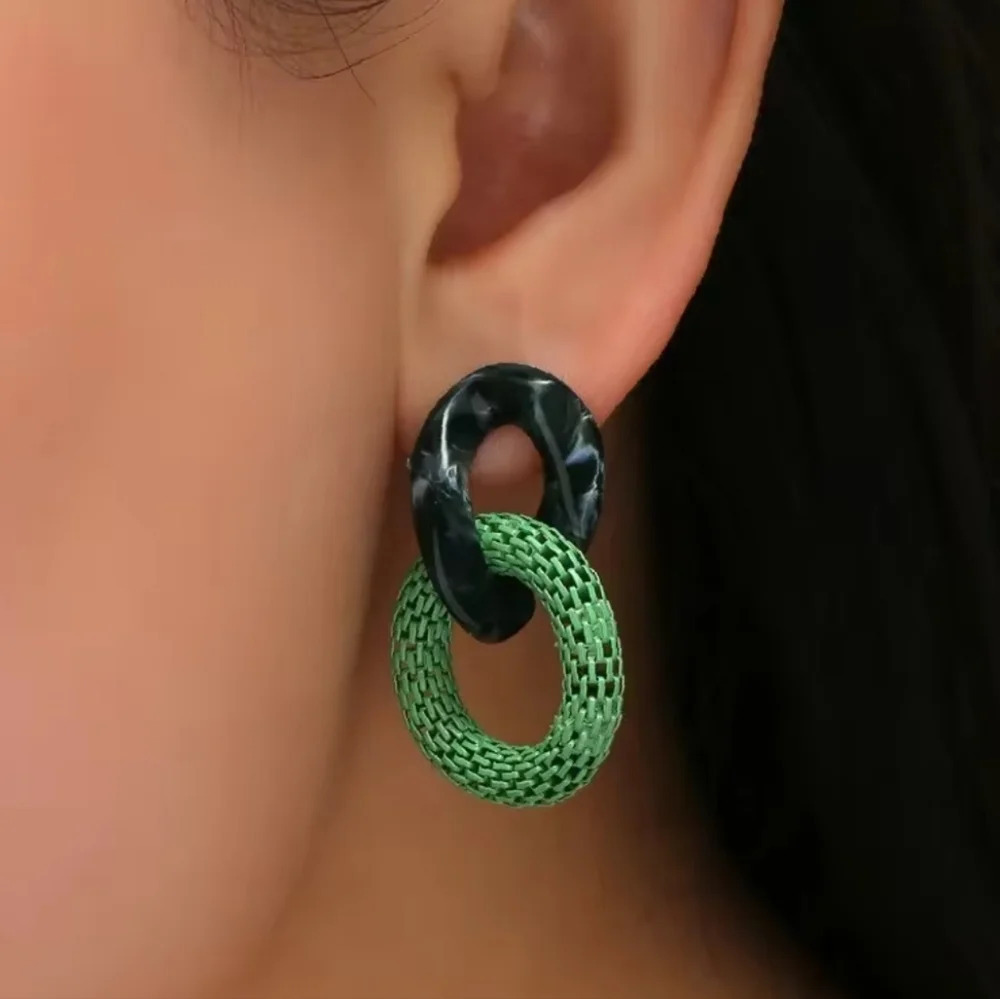 Black Faux Marble & Green Woven Double Circle Earrings